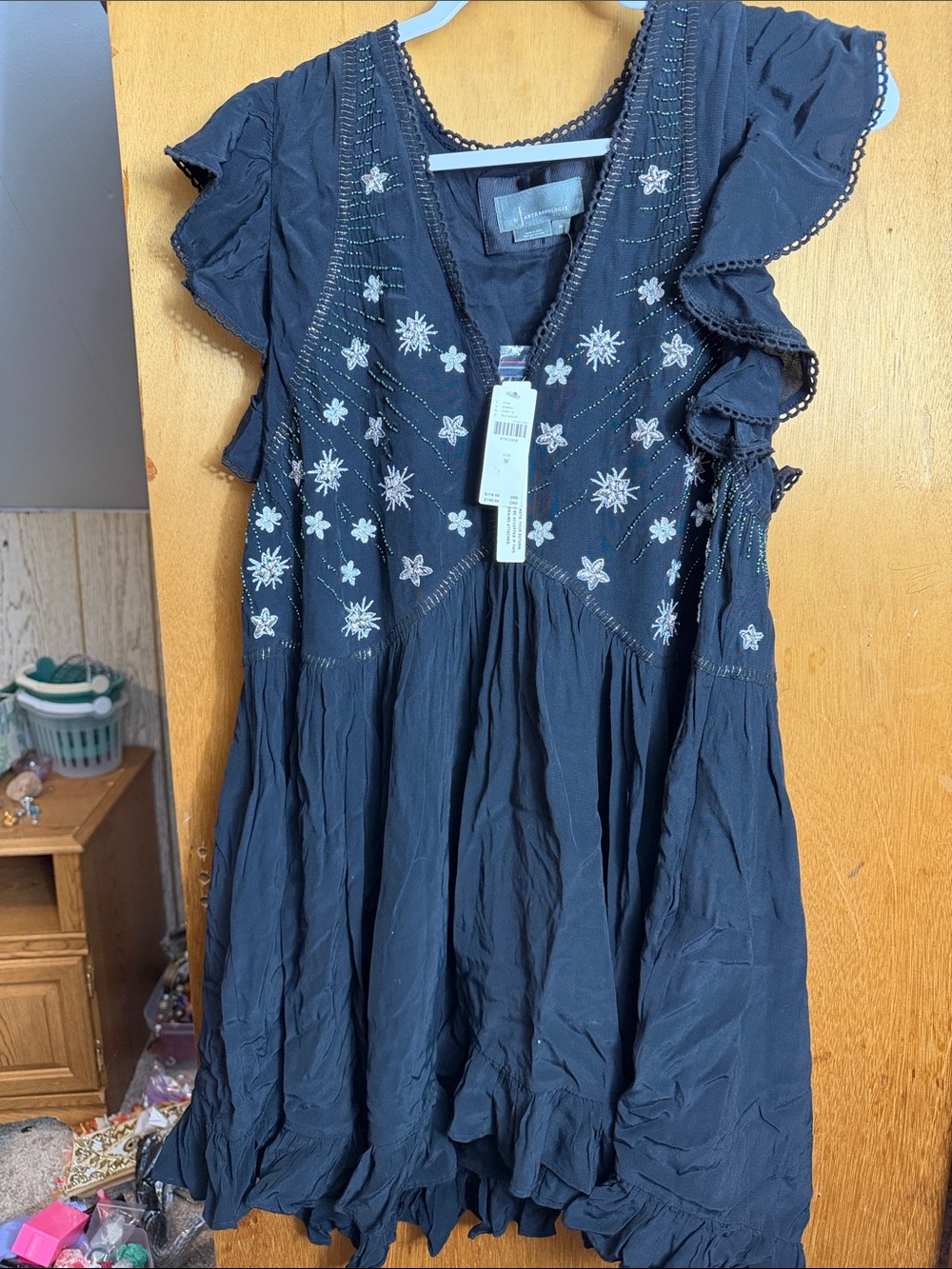 Anthropologie Navy Embroidered Ruffle-Sleeve Dress